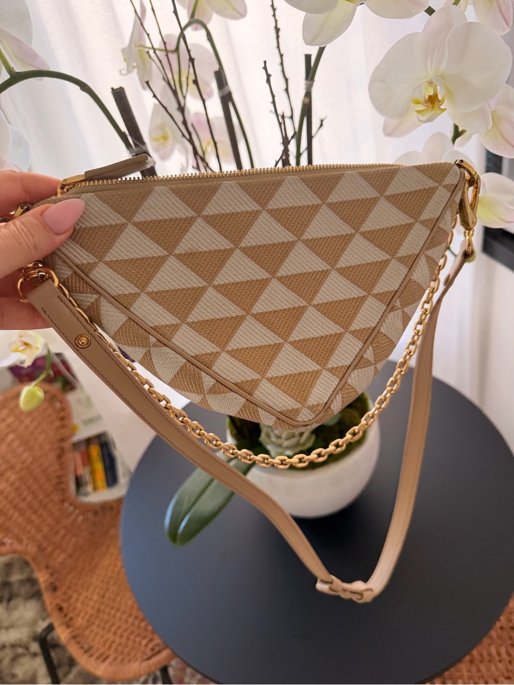 Prada Beige & White Triangle-Print Mini Shoulder Bag with Gold Chain - Picture 4 of 7